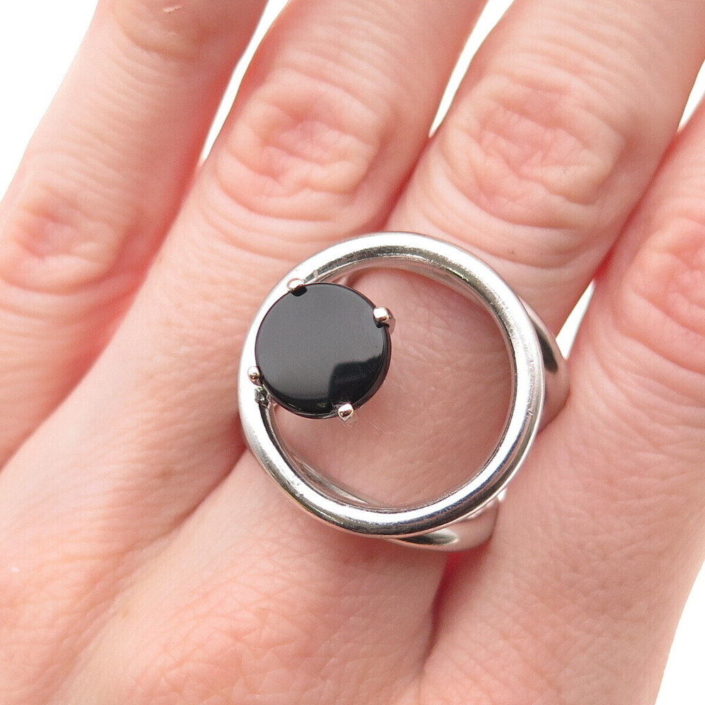 925 Sterling Silver Vintage Real Black Onyx Modernist Ring Size 6